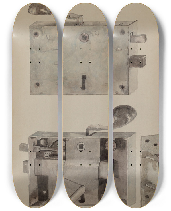 Triptych art skateboard deck of J Howard Iams Wrought Iron Lock by J Howard Iams (20-)