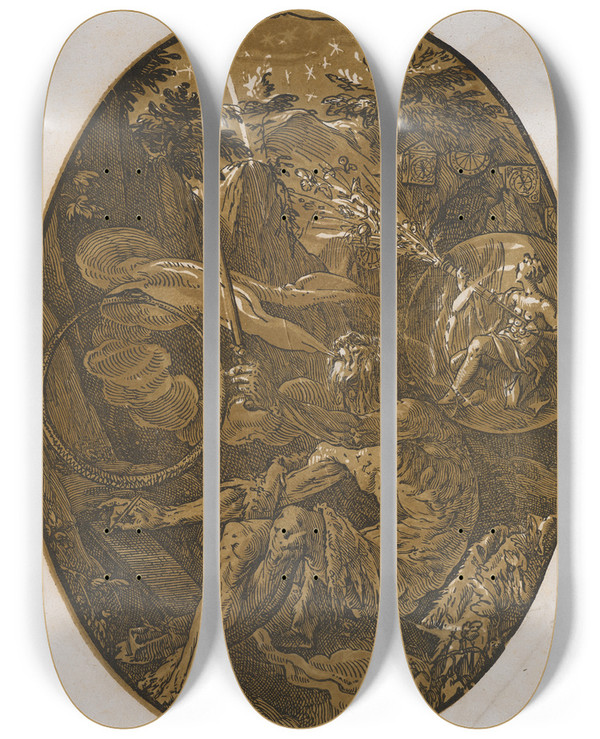 Triptych art skateboard deck of Hendrick Goltzius Demogorgon In Der Hhle Der Unendlichkeit by Hendrick Goltzius (1558-1617)