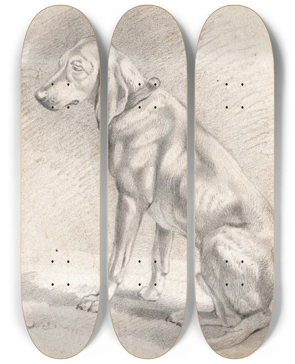 Triptych art skateboard deck of Friedrich Voltz Sitzender Jagdhund by Friedrich Voltz (1817-1886)