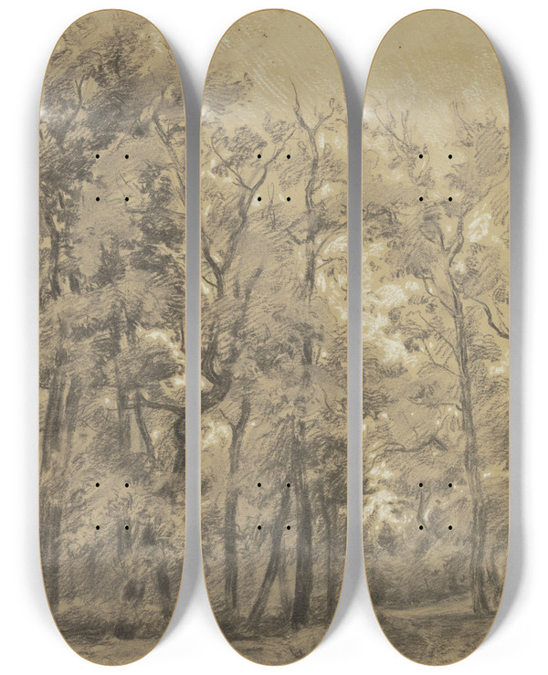 Triptych art skateboard deck of Peter Burnitz Oak Forest by Peter Burnitz (1824-1886)