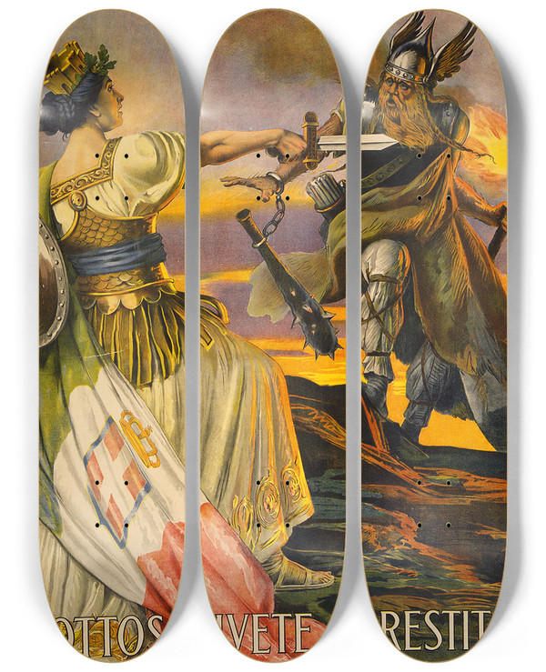 Triptych art skateboard deck of Giovanni Capranesi Sottoscrivete Al Prestito by Giovanni Capranesi (1852-1921)