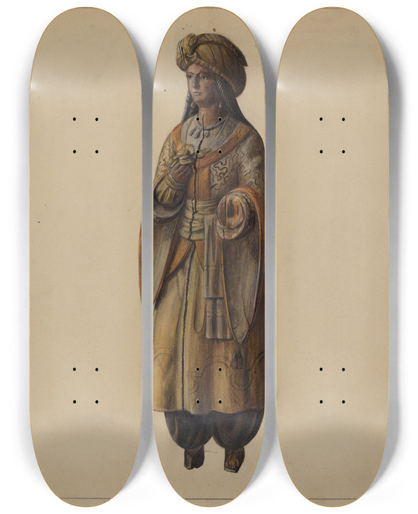 Triptych art skateboard deck of Mina Lowry Cigar Store Figure_2 by Mina Lowry (1894-1942)