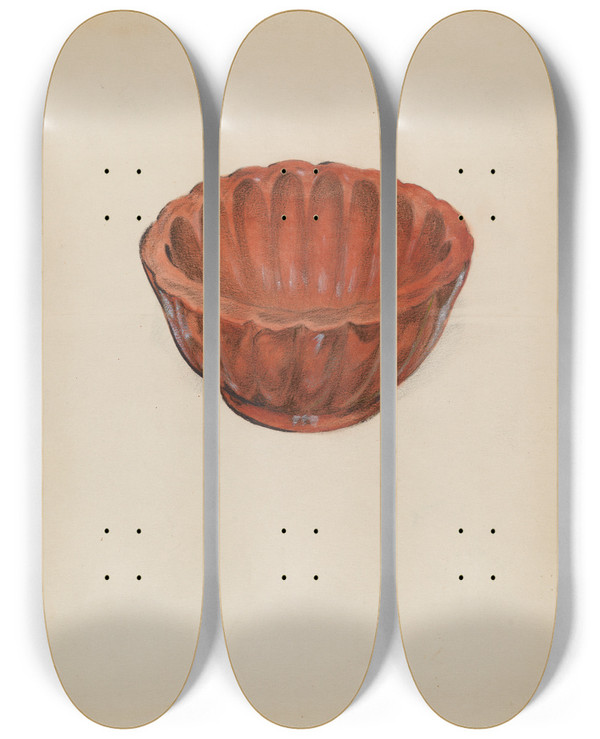 Triptych art skateboard deck of Ruth Bialostosky Earthenware Jelly Mold by Ruth Bialostosky