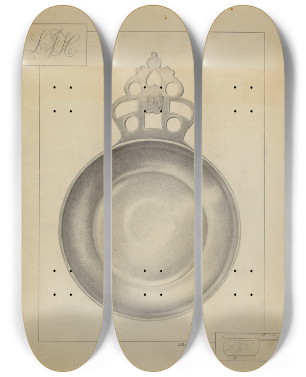 Triptych art skateboard deck of Joseph Rothenberg Silver Porringer by Joseph Rothenberg
