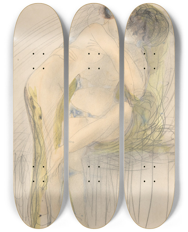 Triptych art skateboard deck of Auguste Rodin The Embrace by Auguste Rodin (1840-1917)