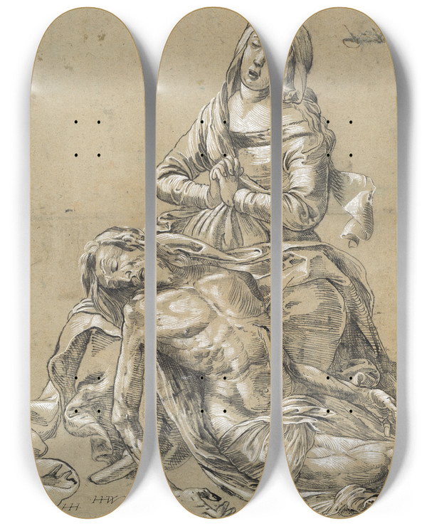 Triptych art skateboard deck of Hans Heinrich Wgmann Beweinung Christi by Hans Heinrich Wagmann (1557-1628)