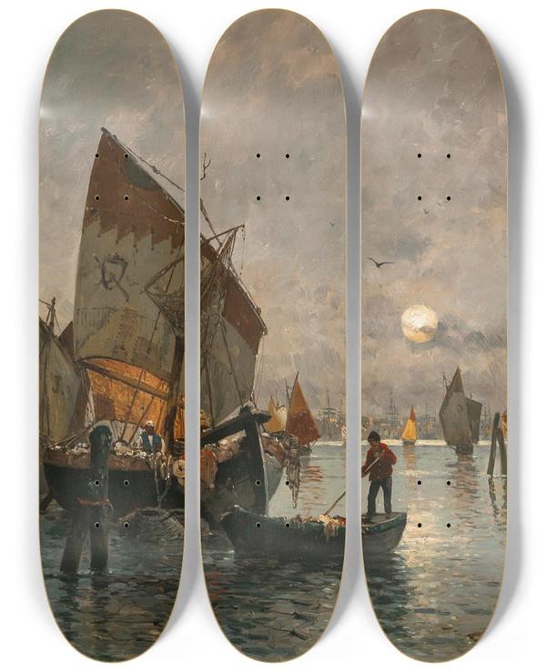 Triptych art skateboard deck of Adolf Kaufmann In Der Lagune Venedigs by Adolf Kaufmann (1848-1916)
