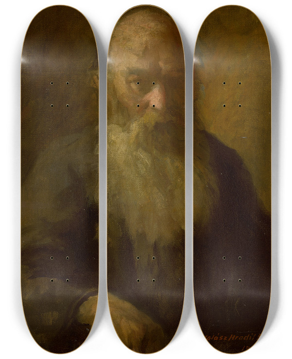 Triptych art skateboard deck of Elemr Halszhradil Starec by Elemir Halasz Hradil (1873-1948)