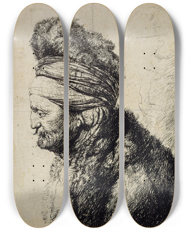 Triptych art skateboard deck of Rembrandt Van Rijn The Second Oriental Head by Rembrandt Van Rijn (1606-1669)