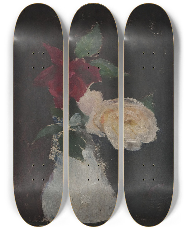 Triptych art skateboard deck of Jan Cigliski Roses In A Vase by Jan Ciaglinski (1858-1913)