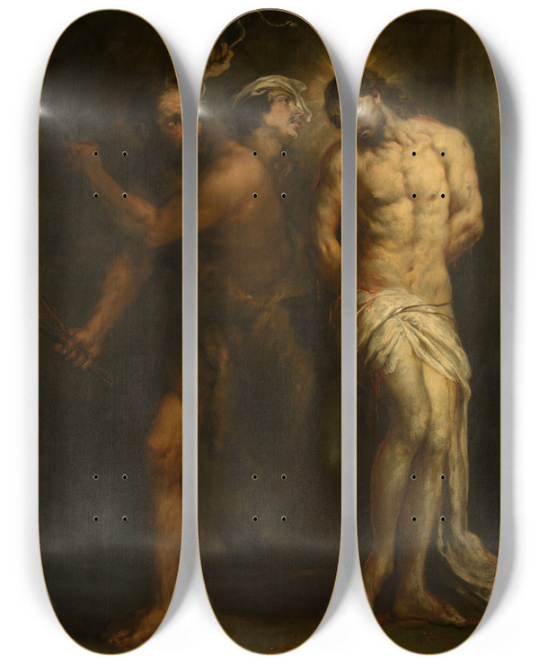 Triptych art skateboard deck of Jan Cossiers Flagellation by Jan Cossiers (1600-1671)