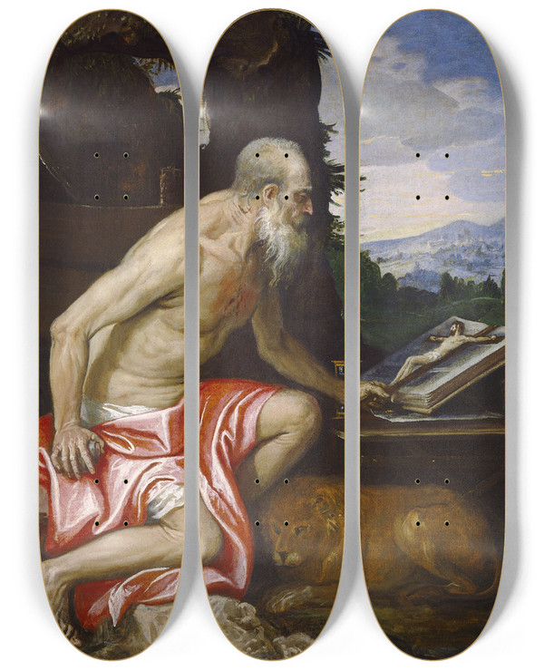 Triptych art skateboard deck of Veronese Workshop Possibly Benedetto Caliari Saint Jerome In The Wilderness by Veronese Workshop (Possibly Benedetto Caliari)