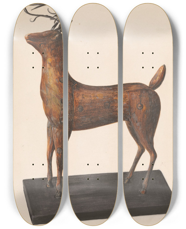Triptych art skateboard deck of Mina Lowry Figure Of A Deer by Mina Lowry (1894-1942)