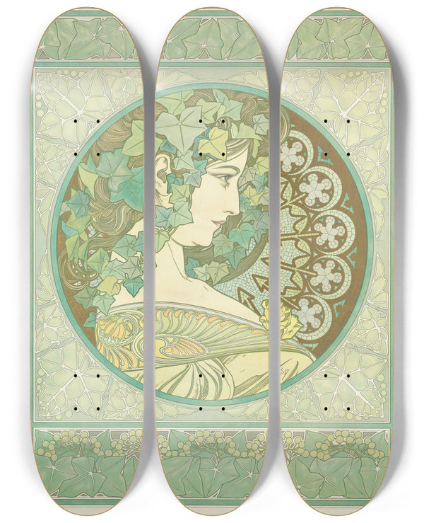 Triptych art skateboard deck of Alphonse Mucha Ivy by Alphonse Mucha (1860-1939)