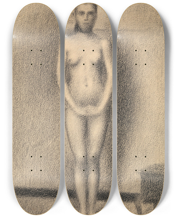 Triptych art skateboard deck of Georges Seurat Study For Poseuses by Georges Seurat (1859-1891)