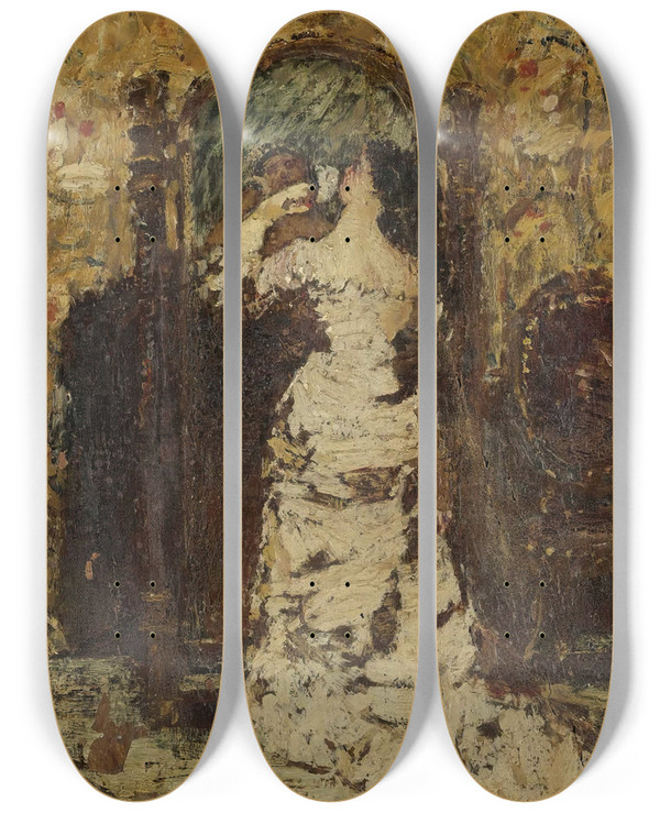 Triptych art skateboard deck of Adolphe Monticelli Preparing For The Soiree by Adolphe Monticelli (1824-1886)