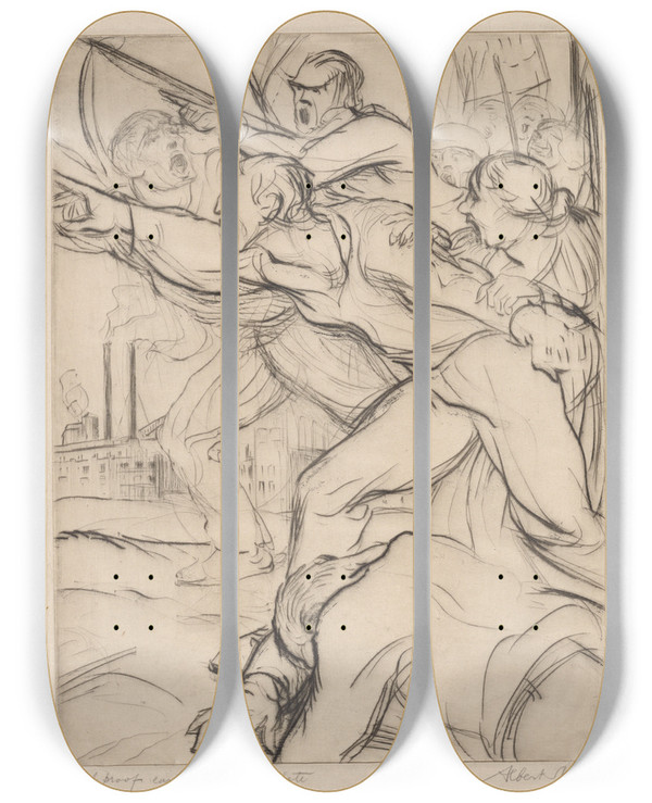Triptych art skateboard deck of Albert Sterner Riot_2 by Albert Sterner (1863-1946)