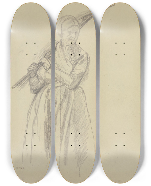 Triptych art skateboard deck of Jakob Becker Alte Buerin Mit Geschultertem Rechen by Jakob Becker (1810-1872)