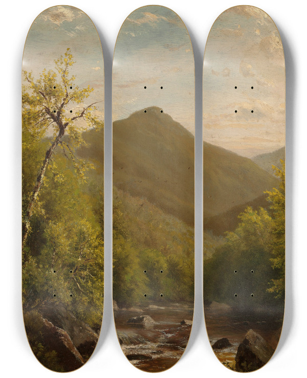 Triptych art skateboard deck of Richard William Hubbard A Mountain Stream by Richard William Hubbard (1816-1888)