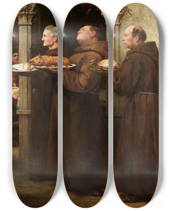 Triptych art skateboard deck of William Strutt The Priors Feast by William Strutt (1825-1915)