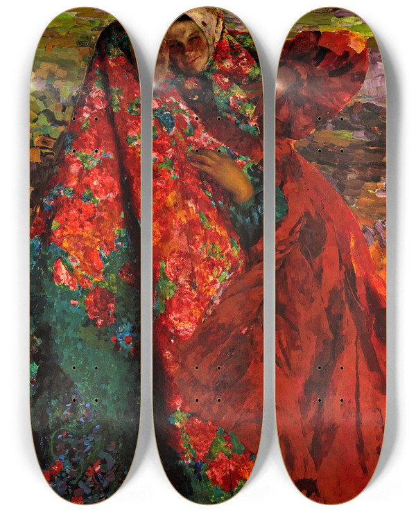 Triptych art skateboard deck of Filipp Malyavin Peasant Women by Filipp Malyavin (1869-1940)