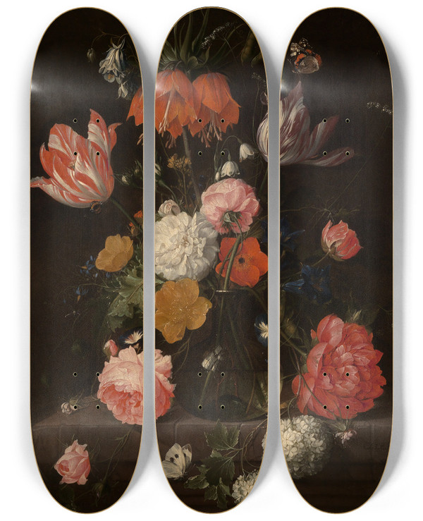Triptych art skateboard deck of Cornelis De Heem Blumenstrau by Cornelis de Heem (1631-1695)