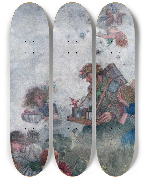 Triptych art skateboard deck of William Heath Robinson Bringing With Them A Little Old Man by William Heath Robinson (1872-1944)