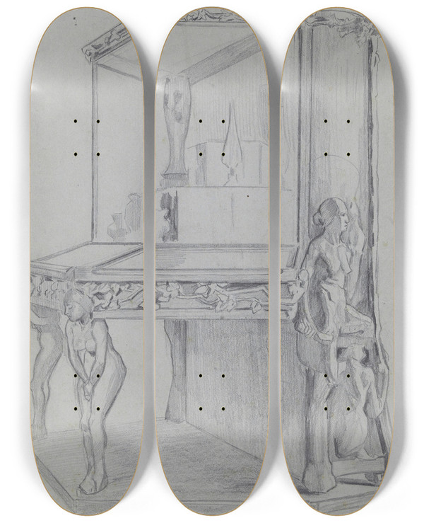 Triptych art skateboard deck of Raphal Boutillier Etude De La Vitrine Carabin by Raphael Boutillier (1863-1947)