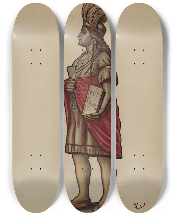 Triptych art skateboard deck of Bernard Westmacott Cigar Store Indian_1 by Bernard Westmacott
