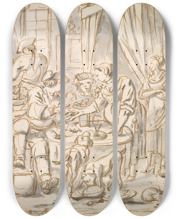 Triptych art skateboard deck of Charles Parrocel Interior Scene With Soldiers At A Table by Charles Parrocel (1688-1752)