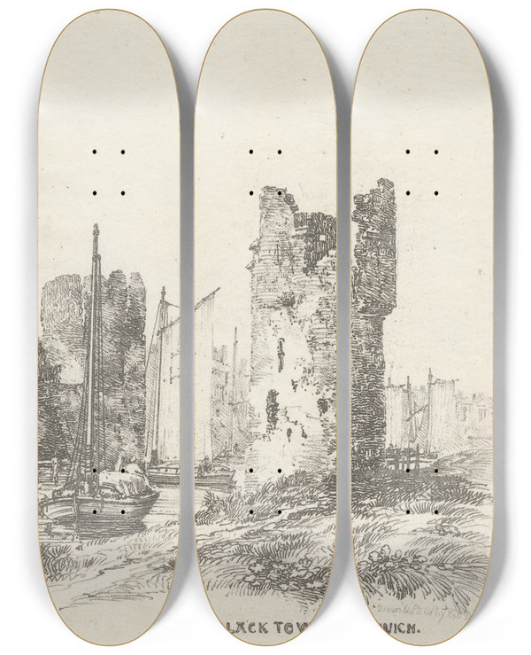 Triptych art skateboard deck of Robert Dixon The Black Tower Norwich by Robert Dixon (1780-1815)