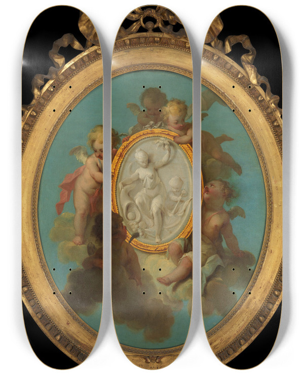 Triptych art skateboard deck of Charles Dominique Joseph Eisen Putti With A Medallion_1 by Charles Dominique Joseph Eisen (1720-1778)