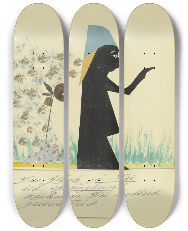 Triptych art skateboard deck of John Elsas Das Glck Zu Dir Ist Sprungbereit by John Elsas (1851-1935)