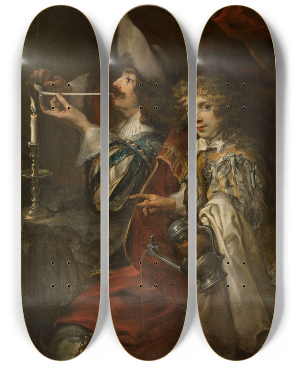 Triptych art skateboard deck of Jan Cossiers The Smoker by Jan Cossiers (1600-1671)