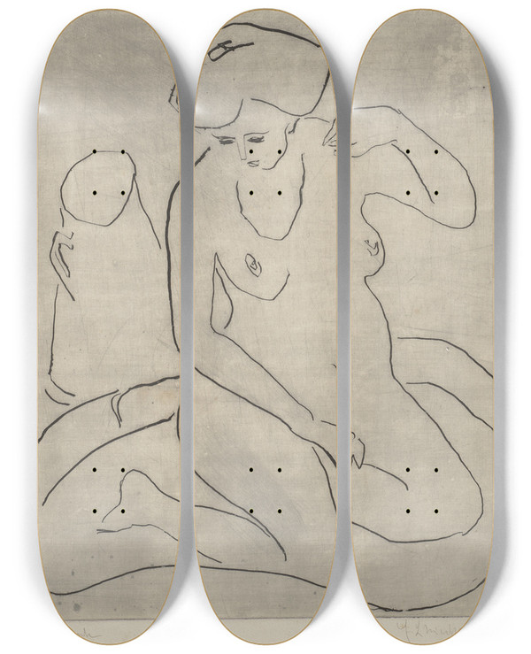 Triptych art skateboard deck of Ernst Ludwig Kirchner Akt by Ernst Ludwig Kirchner (1880-1938)