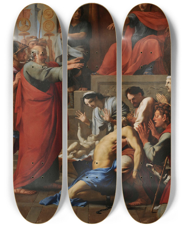 Triptych art skateboard deck of Eustache Le Sueur Saint Paul Exorcizing A Possessed Man by Eustache Le Sueur (1616-1655)