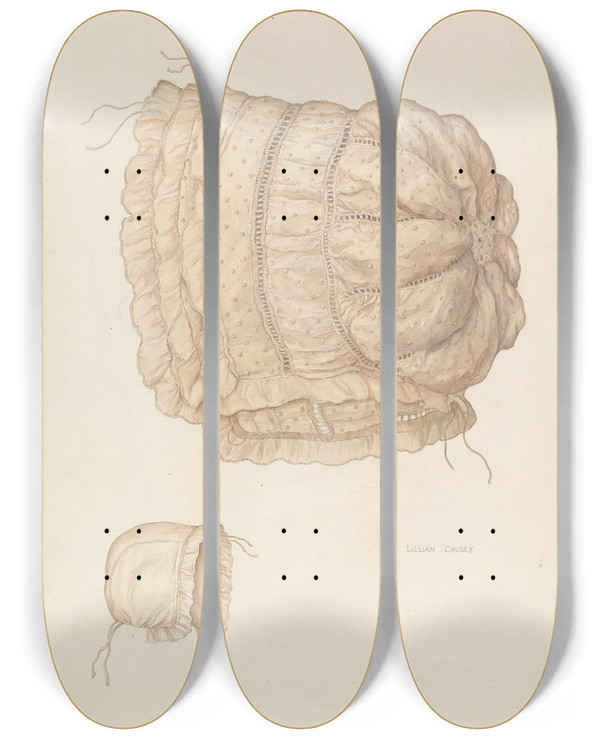 Triptych art skateboard deck of Lillian Causey Babys Cap by Lillian Causey (20-)