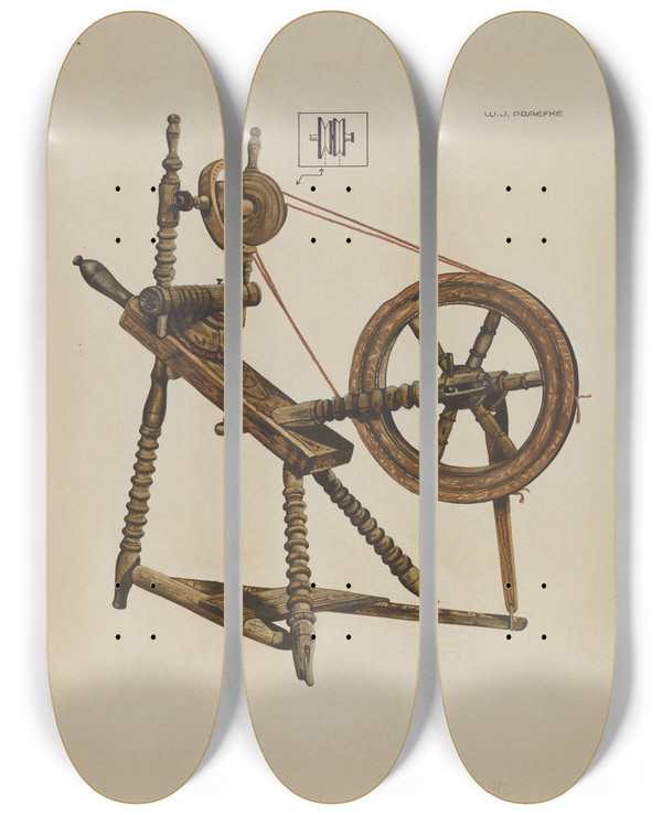 Triptych art skateboard deck of Walter Praefke Toy Spinning Wheel by Walter Praefke