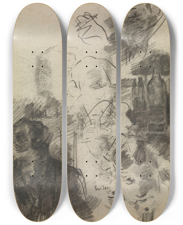 Triptych art skateboard deck of James Ensor The Painter Alfred William Finch A Study With Bottles by James Ensor (1860-1949)