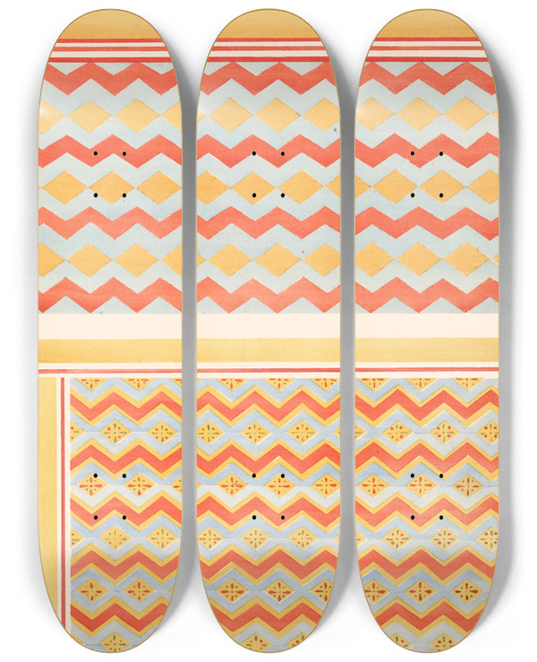 Triptych art skateboard deck of Gustave Jquier 3 Plafond Du Tombeau De Pehsoukher N 88 4 Plafond Du Tombeau De Thotnofer N 80 by Gustave Jequier (1868-1946)