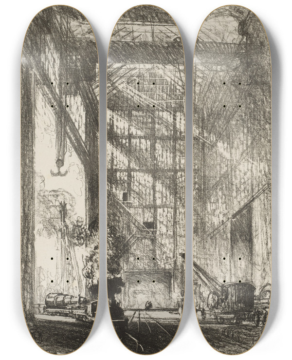 Triptych art skateboard deck of Joseph Pennell Bringing In The Gun by Joseph Pennell (1857-1926)