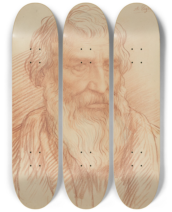 Triptych art skateboard deck of Alphonse Legros Study Of A Head_2 by Alphonse Legros (1837-1911)