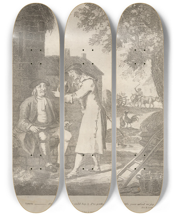 Triptych art skateboard deck of David Allan Glaud And Symon by David Allan (1744-1796)