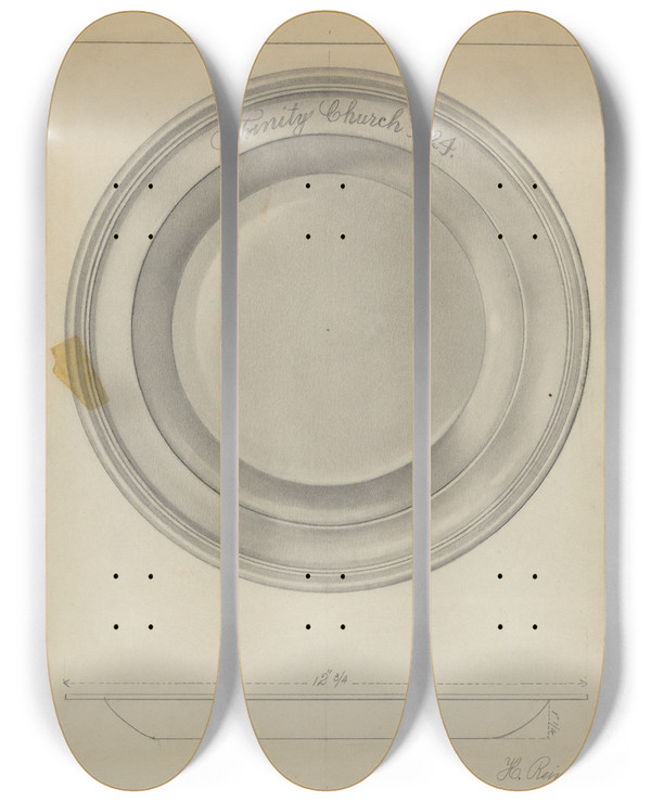 Triptych art skateboard deck of Horace Reina Silver Baptismal Basin by Horace Reina