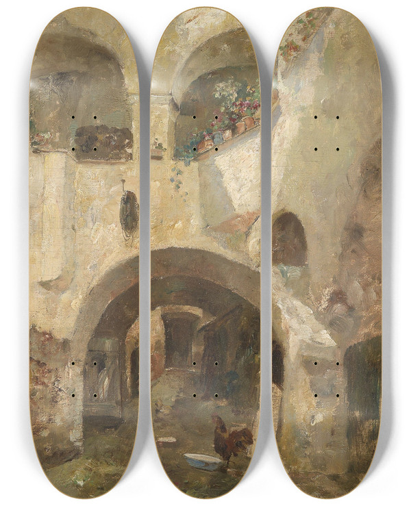 Triptych art skateboard deck of Paul Unbereit Wachauer Hof by Paul Unbereit (1884-1937)