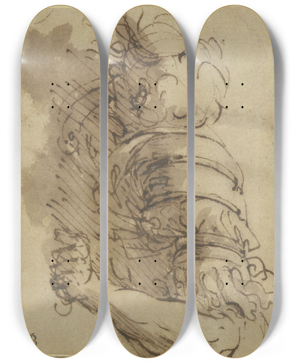 Triptych art skateboard deck of Salvator Rosa A Fallen Soldier by Salvator Rosa (1615-1673)