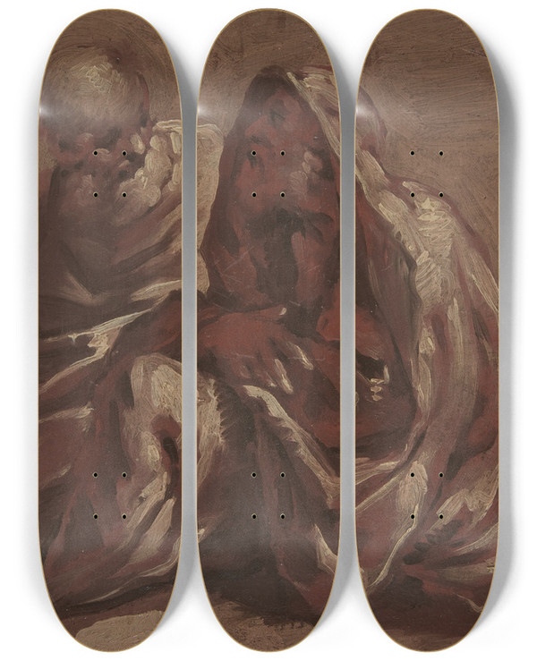 Triptych art skateboard deck of Sigismondo Caula Two Seated Bearded Male Figures by Sigismondo Caula (1637-1724)