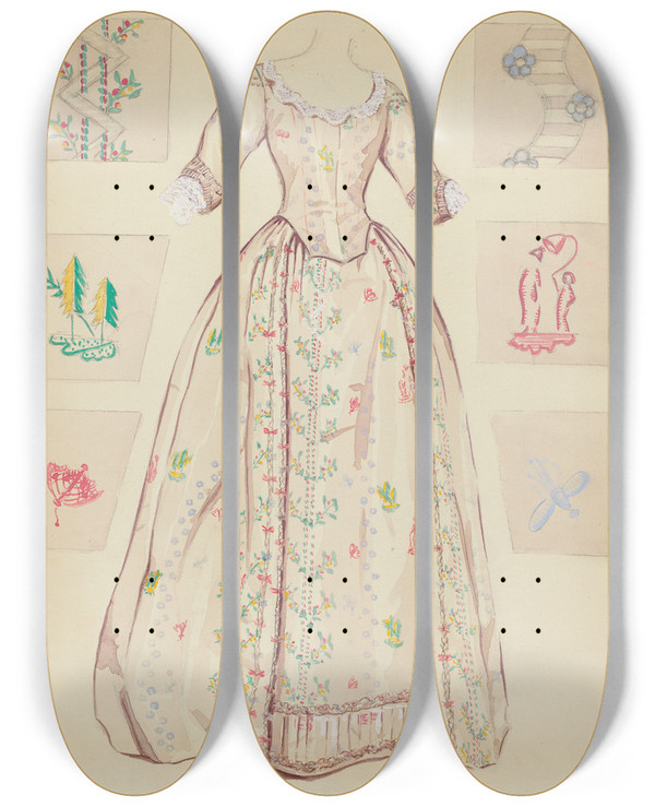 Triptych art skateboard deck of Dorothy Gernon Gown by Dorothy Gernon
