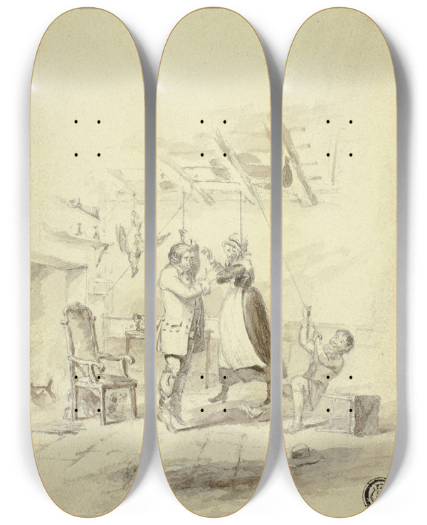 Triptych art skateboard deck of Abraham Cooper The Hanging by Abraham Cooper (1787-1868)