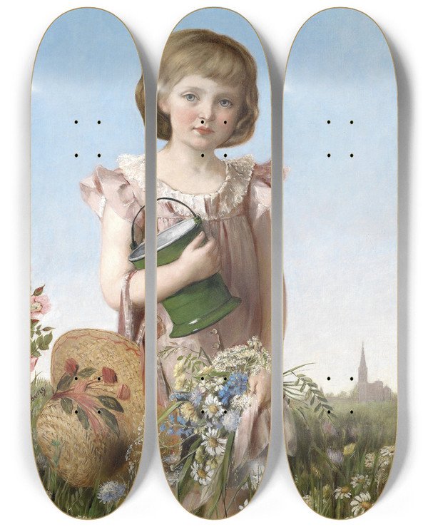 Triptych art skateboard deck of Antonie Boubong Eine Kleine Grtnerin by Antonie Boubong (1842-1908)